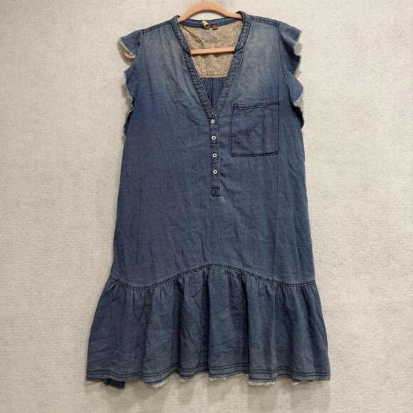 Pilcro Dress Womens Large Chambray Ruffle Flutter Sleeve Henley Shift V Neck - Picture 1 of 12